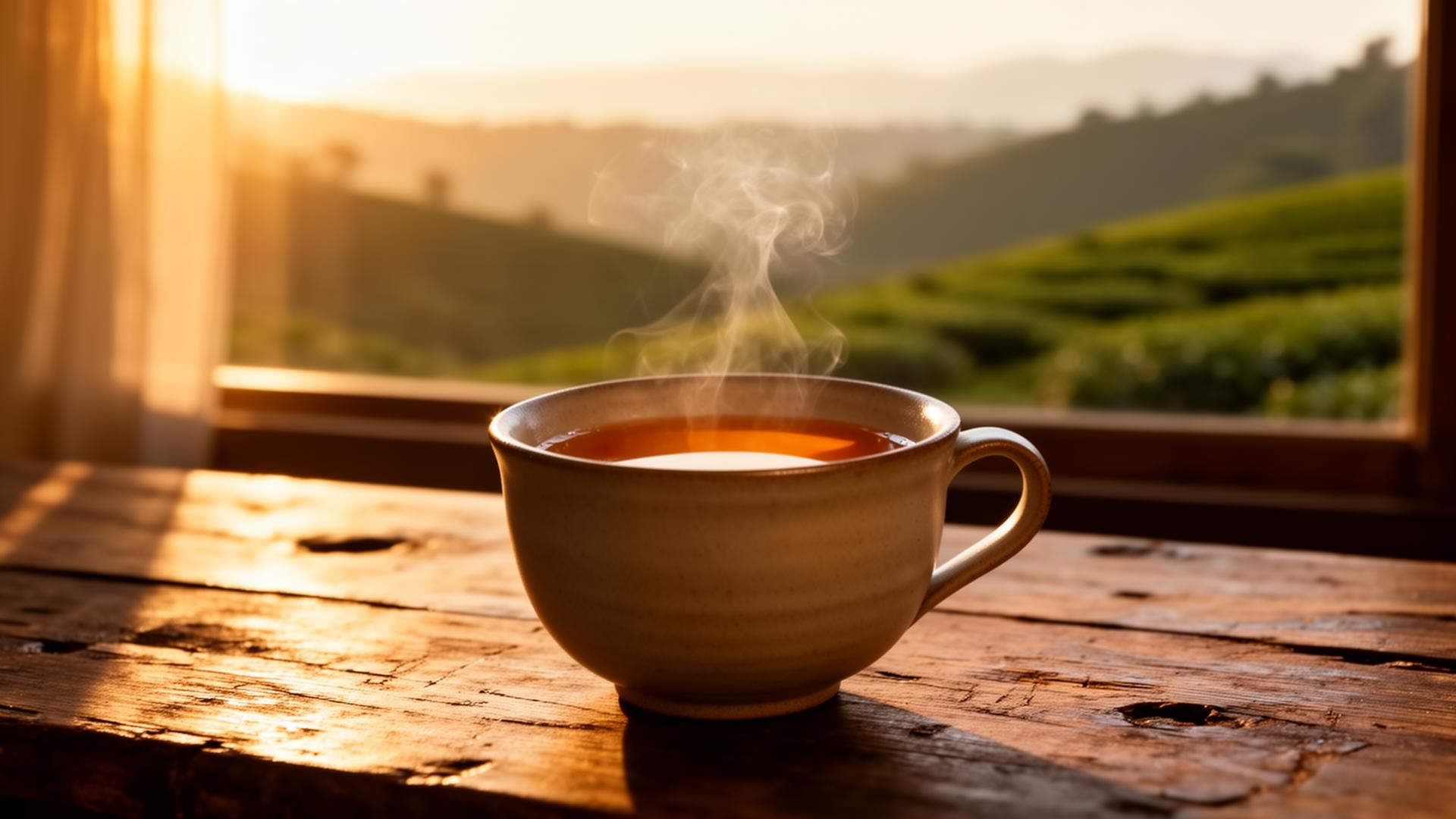 Steam rising from a ceramic cup of tea at dawn over the Darjeeling hills